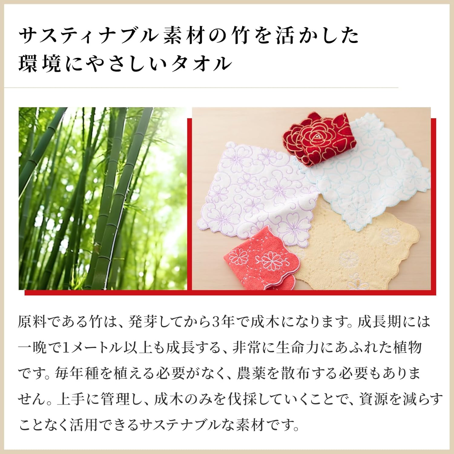 のレン 竹タオル / レーヨン（竹繊維）70% 綿 30% 約24cm×24cm タオルハンカチ